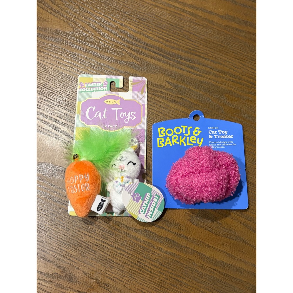 Meow Easter Cat Toys 2 Pack Catnip Bunny Carrot & Boots Barkley Treat Toy Pink